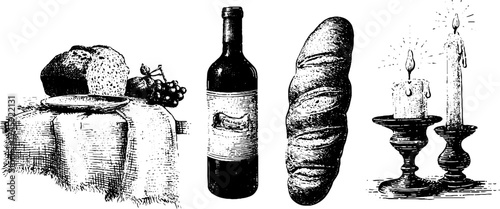 Rustic dining essentials: wine, bread, candles, and tablecloth for cozy gatherings