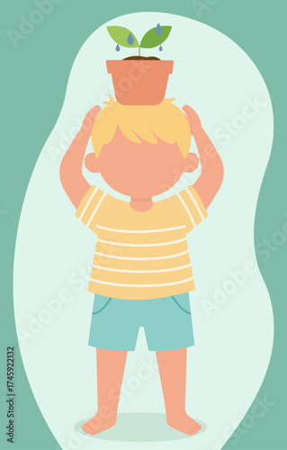 A boy balances a sprouting plant on his head, symbolizing growth, new ideas, nurturing the mind, and connection with nature