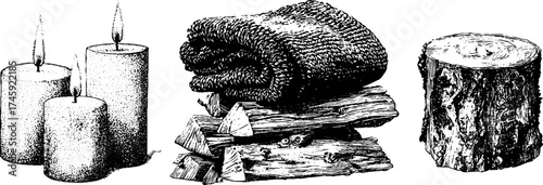 Cozy winter elements: wool blanket, wooden logs, and candles for warmth and comfort