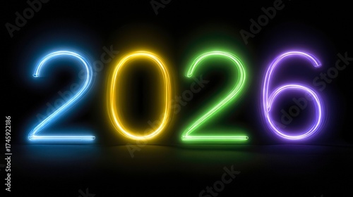 Bright Neon Numbers 2026 Glowing on Dark Background for New Year Celebration