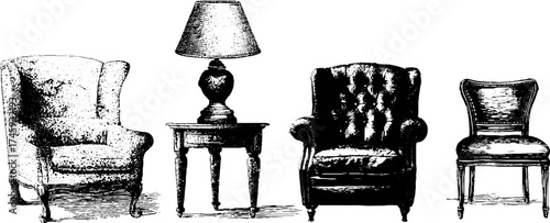 Vintage furniture set with wooden legs: armchairs, side table, and lamp for retro interior design