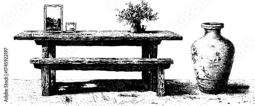 Rustic wooden table and bench with clay vase set for interior design