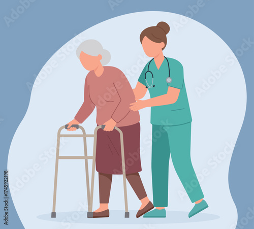 A caregiver in scrubs compassionately helps an elderly woman with grey hair walk using a walker, showing support and medical assistance
