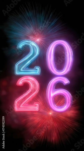 Neon Numbers Glowing With Fireworks Celebrating the Arrival of the New Year 2026