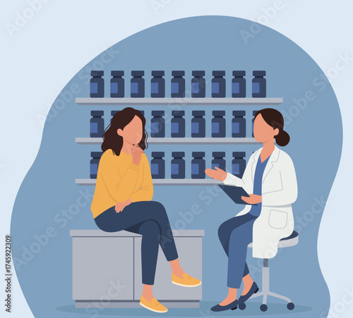 A female patient consults with a doctor or pharmacist. The healthcare professional explains a diagnosis or prescription in a clinic or pharmacy setting