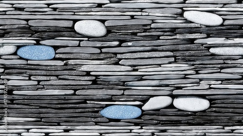 Unique Stone Patterns With Blue and White Pebbles on a Textured Gray Background