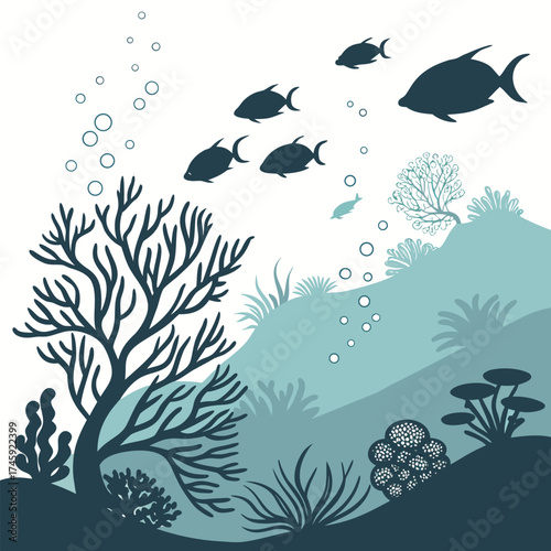 Underwater scene with silhouette of fish and coral Keywords: underwater, ocean, sea, marine life