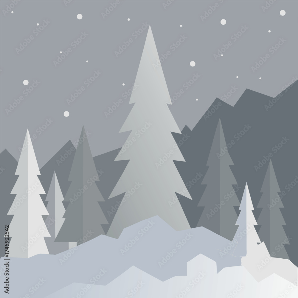Obraz premium Winter forest with snow and mountains Keywords: winter, forest, trees, snow, mountains
