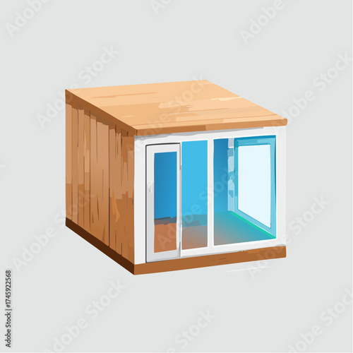 Wooden Cabin with Open Window and Door Illustration.