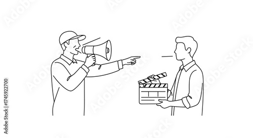 Vector director with megaphone pointing and actor holding clapperboard in line art illustration