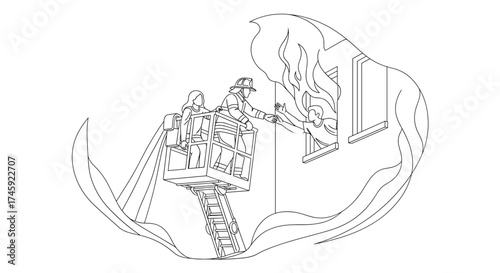 Vector firefighter rescuing person from burning building using ladder truck outline drawing illustration
