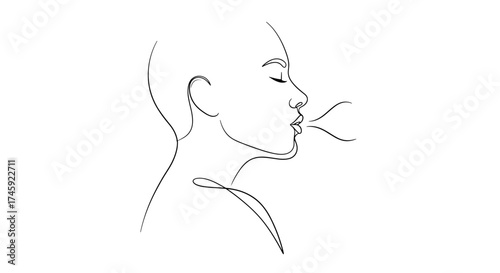 Vector continuous line drawing of a person blowing air from their mouth in a profile view illustration