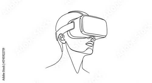 Vector continuous line drawing of person wearing virtual reality headset looking up and to the right side view