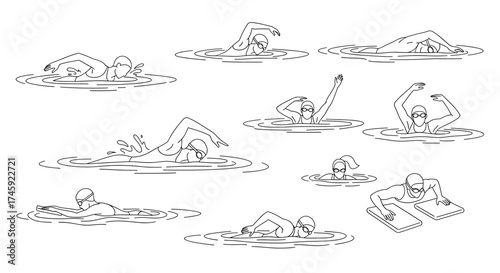 Vector various swimmers in different positions wearing goggles and caps in a water illustration style