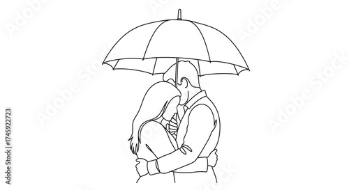 Vector contour drawing showing a couple embracing under an umbrella in a white presentation space