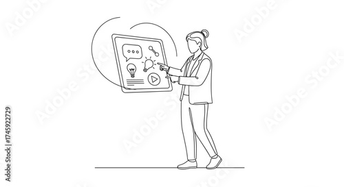 Vector woman pointing at a digital interface with icons in a continuous line drawing illustration style