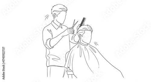 Vector line drawing showing a barber cutting a client's hair with scissors and a comb in a salon setting