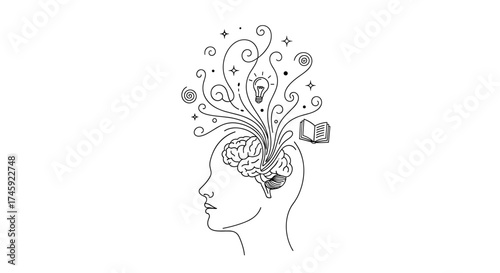 Vector line art illustration of a head with brain, book, bulb, and swirls emanating from the head