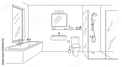 Vector outline drawing of a modern bathroom interior with bathtub toilet and shower stall in a home setting