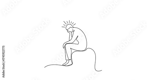 Vector single line drawing of a person seated with head in hand appearing stressed and illuminated