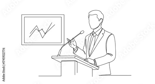 Vector continuous line drawing of a presenter at a podium with a graph on a screen behind him