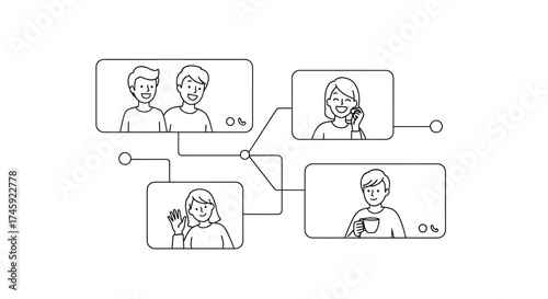 Vector four screens showing people connecting via video call with connecting lines between them all together