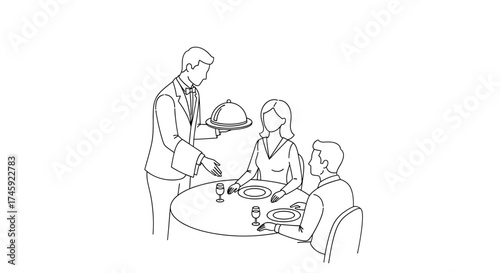 Vector waiter serving couple at table with plates and wine glasses in line art illustration style drawing