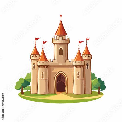Cartoon Castle with Red Flags and Orange Roofs.