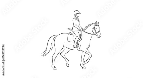 Vector outline drawing depicting a person riding a horse with bridle and saddle in equestrian attire