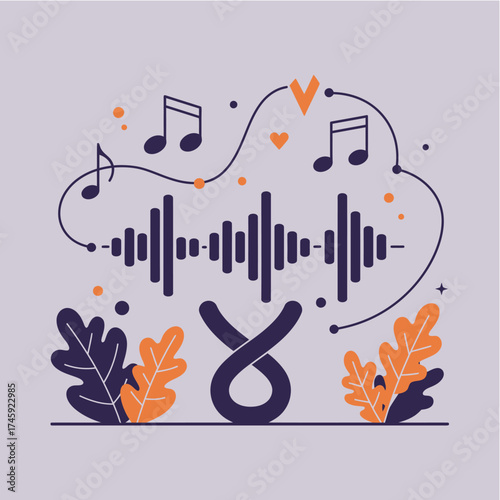 Flat vector music therapy scene with abstract people listening to relaxing melodies, headphones, and notes, symbolizing sound healing and emotional balance