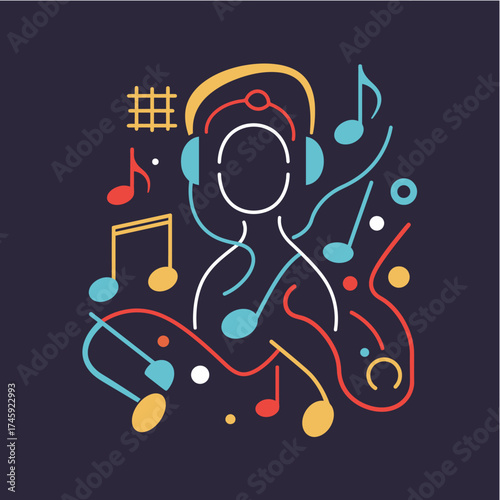 Neon style music therapy vector with abstract lines, music notes, and glowing effects representing sound healing, creativity, and mental relaxation