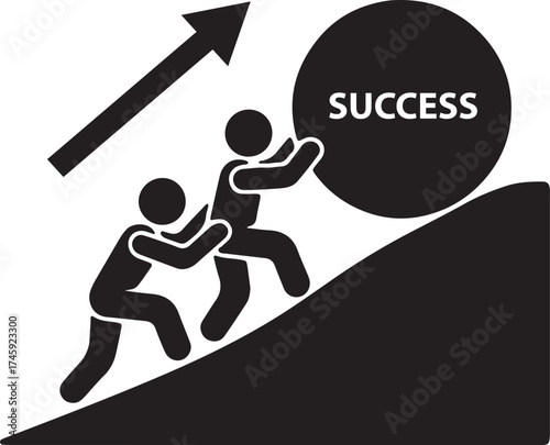 Teamwork pushing a boulder of success uphill