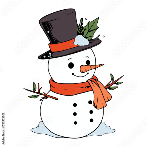 Festive snowman with top hat and scarf, perfect for cheerful holiday greetings and winter-themed projects, bringing joy and warmth to any design