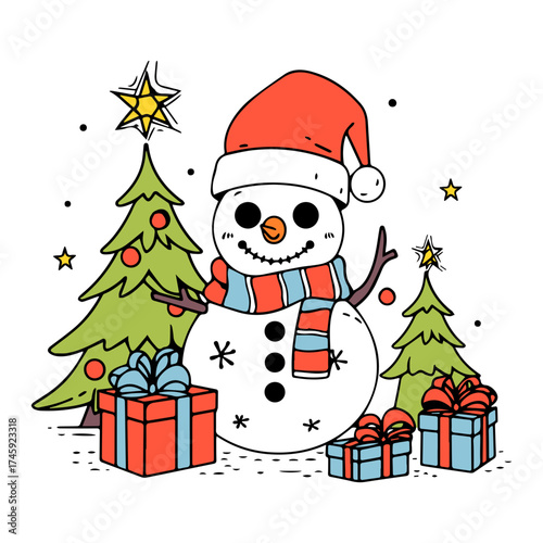 Festive snowman wearing Santa hat with presents and decorated Christmas trees, spreading holiday cheer and joy, a delightful seasonal scene for winter greetings