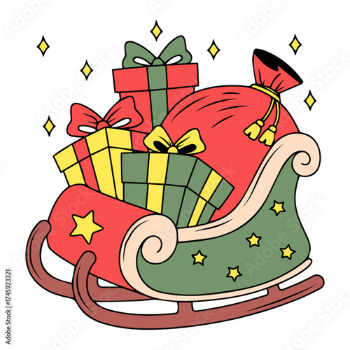 Festive Christmas Sleigh Overflowing with Gifts and Sparkles, Delivering Holiday Cheer and Festive Spirit, Perfect for Holiday Greetings and Celebrations