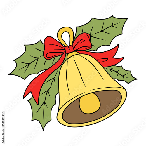 Festive holiday cheer with golden Christmas bell and red bow, bring seasonal joy to your designs with this classic holiday icon, timeless and elegant