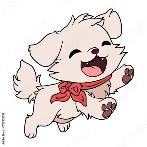 Adorable puppy cartoon character running with joy, wearing a red bow tie, perfect for children's books and cheerful designs, originally a scalable graphic
