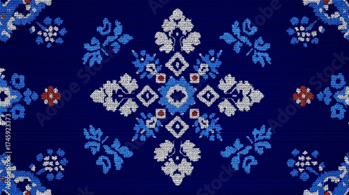 Intricate blue and white embroidery showcases traditional craftsmanship on a deep navy background with floral and geometric patterns