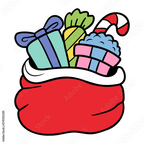 Santa's festive bag overflowing with vibrant presents, candy cane, and sweet treats, spreading holiday cheer and delightful anticipation for Christmas joy