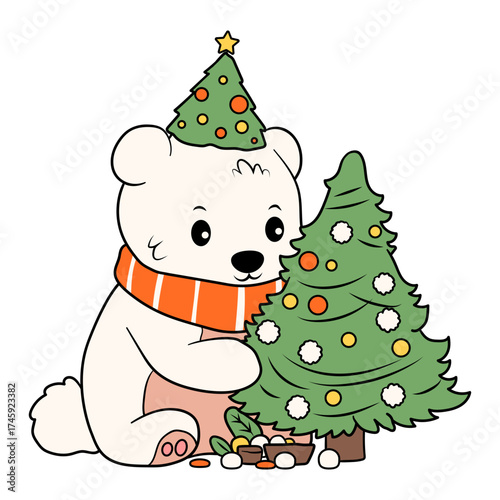 Adorable festive bear with a Christmas tree and hat, spreading cheer and holiday spirit, perfect for seasonal greetings and winter promotions
