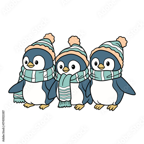 Festive penguins ready for winter, a charming illustration bringing seasonal cheer and delightful animal charm for holiday projects and winter designs