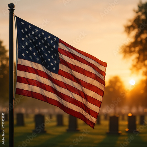 American Flag at Sunrise in Military Cemetery