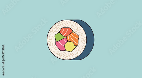 A close-up illustration of a single sushi roll with colorful fillings against a solid light blue background.