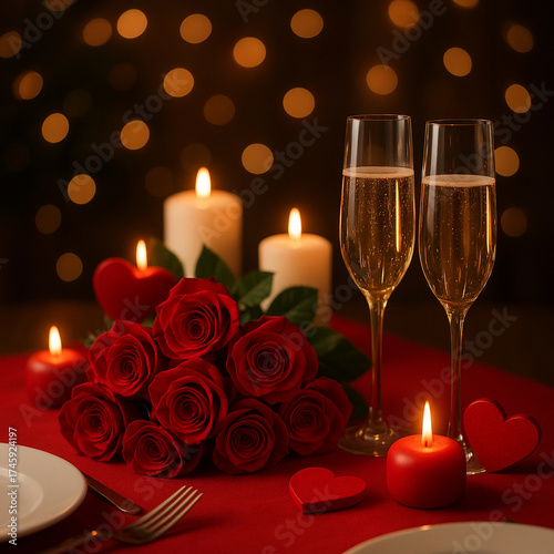 Romantic Valentine’s Table with Red Roses and Champagne