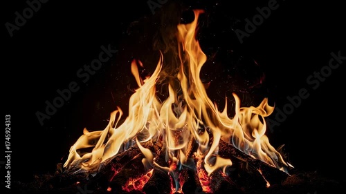 Close-up of a burning bonfire with flames and glowing embers against a black backdrop
