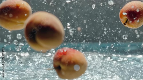Juicy peaches in mid-air being splashed by water. A burst of freshness captured in a dynamic moment