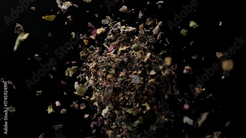 An image showcasing a dark background with an explosion of floating dry plant matter