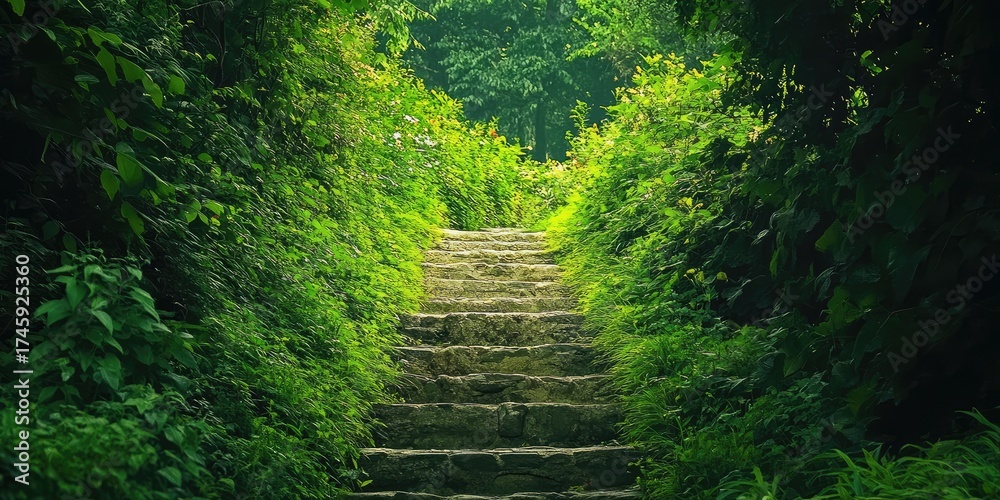Obraz premium A path through a forest with a stone staircase