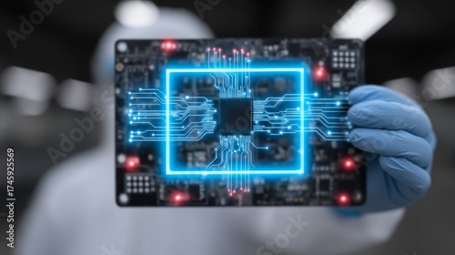 Person displays circuit board with glowing blue light individual presents modern circuit highlighting blue illumination