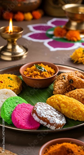 Traditional Indian sweets like colored barfi, ladoo, modak on a banana leaf during Diwali celebration, festival food video